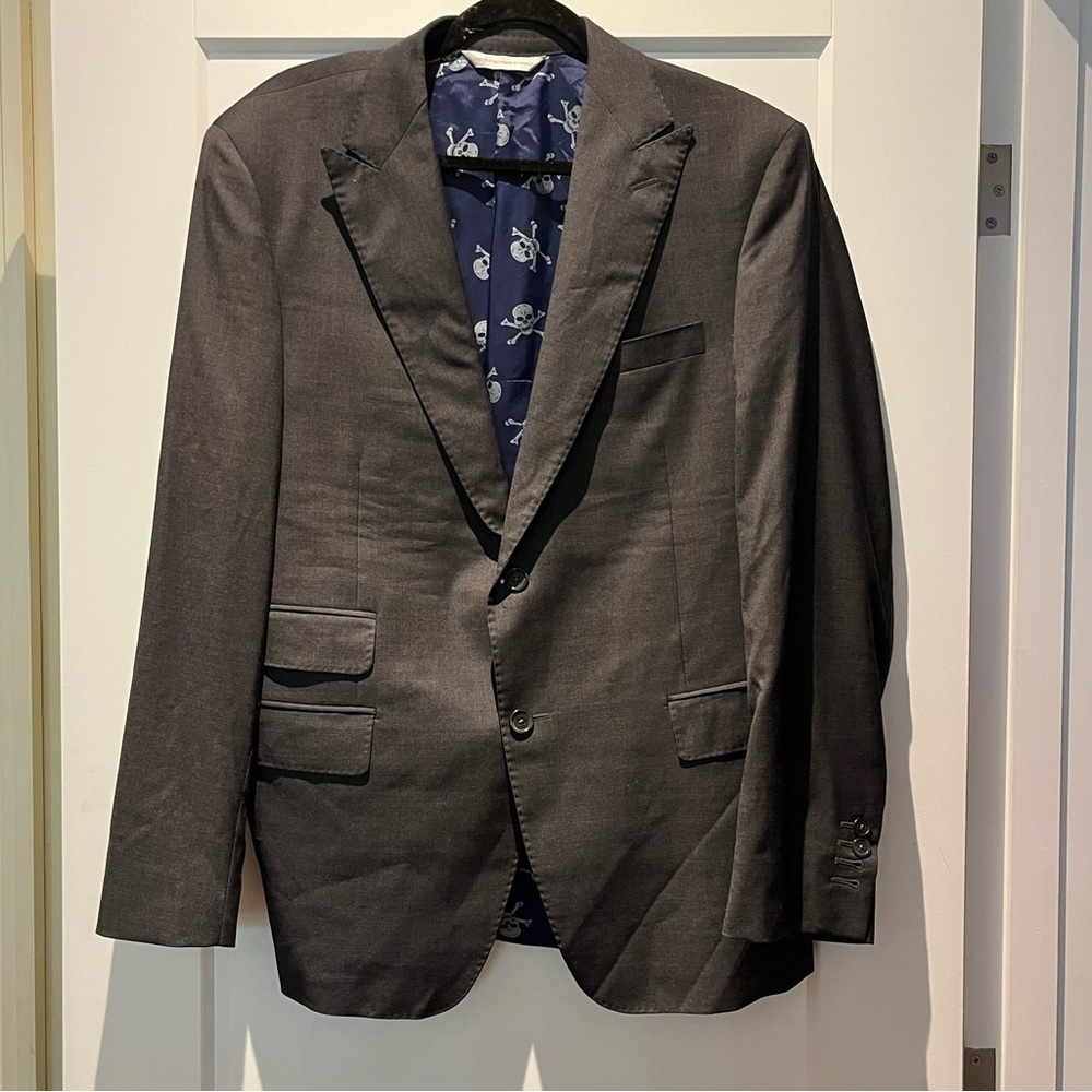Bespoke Tailored Samuelsohn Superfine Wool Grey Blazer Blue white Skulll Lining